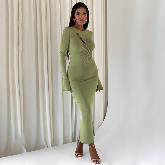 Sexy Long Sleeve round Neck Stitching Ruffle Horn Long Sleeve Narrow Slim Fit Maxi Dress