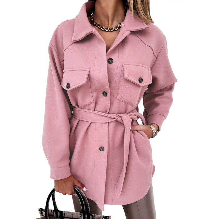 Lace-up Trench Coat Jacket Winter Solid Color Polo Collar Mid-Length Coat