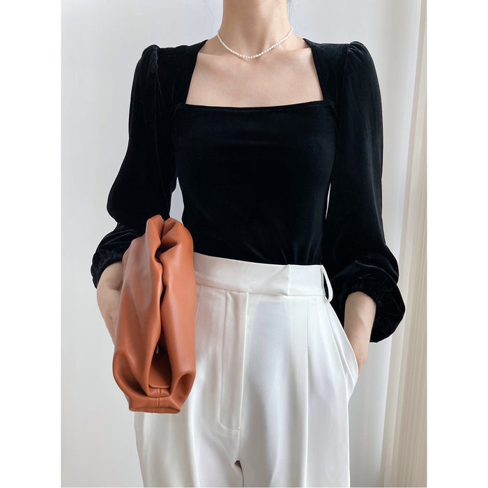 Black Pleuche Square Collar Small Shirt Women Autumn Young Puff Sleeve Shirt off-Shoulder Top