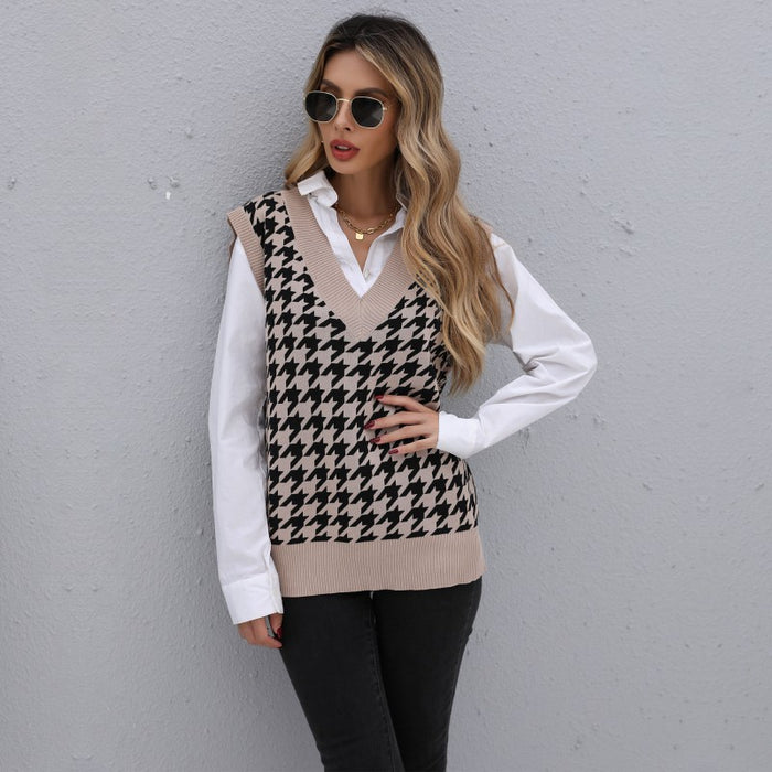 Early Autumn Women Wear Mid Length Houndstooth Sweater Vest for Women