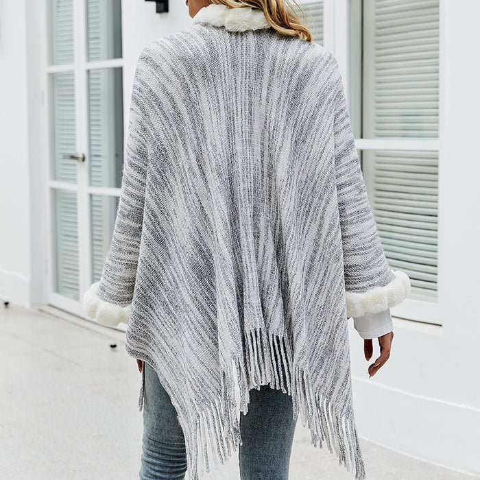 Autumn Winter Tassel Cape Shawl Sweater Women Fur Collar Cardigan Coat