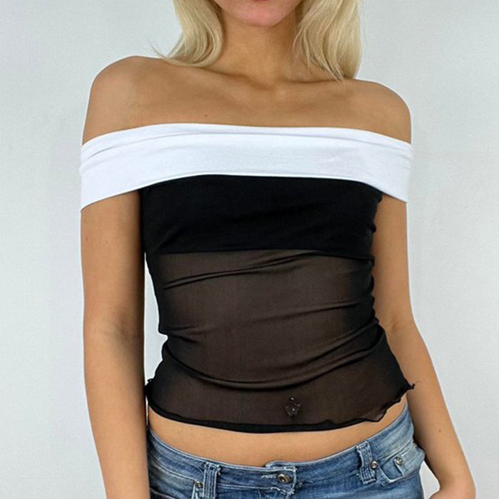 Summer Mesh off-Neck Sexy Color Block Top