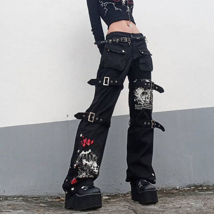 Street Cool Early Autumn Printed Metal Buckle Denim Draped Pants