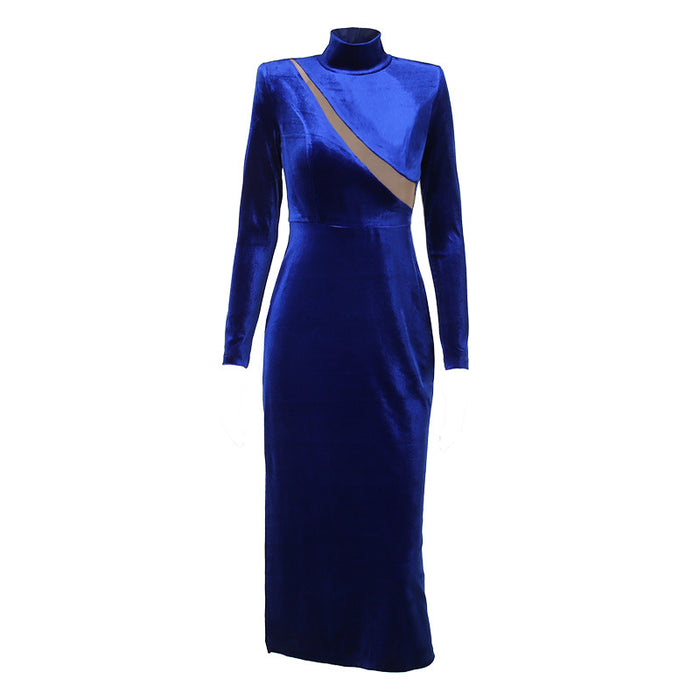 Autumn Elegant Sexy Slim Fit Dress Korean Velvet Slightly Transparent Split Dress for Women