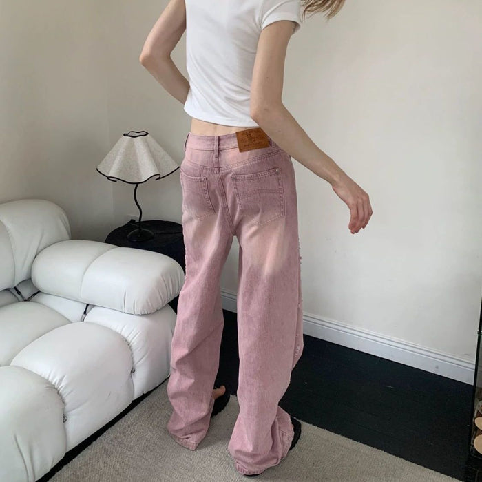 Pink Retro Tattered Jeans Jeans Women Design Straight Loose Slimming Wide Leg Draping Effect Trousers