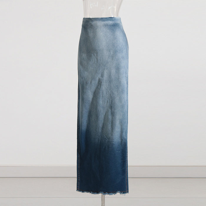 Summer Gradient Color Washed Frayed Hem Split Sexy Slimming Sheath Denim Skirt