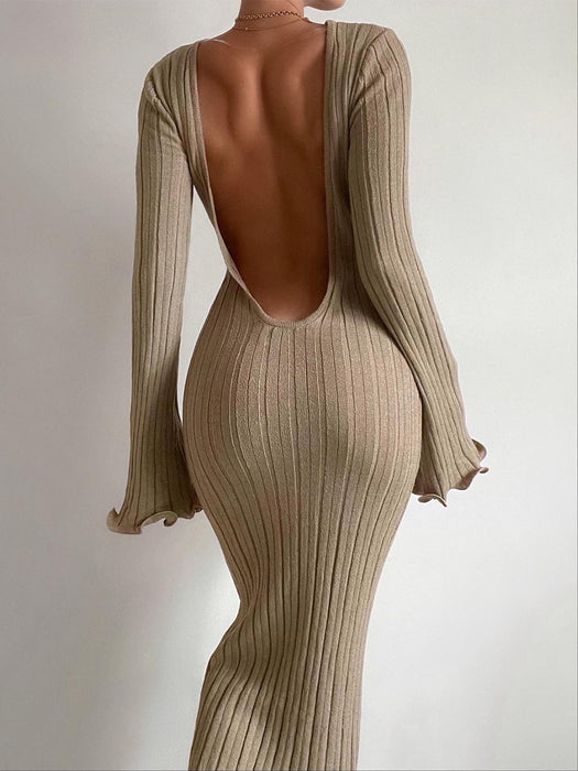 Autumn Sexy Sheath Women Clothing Ruffled Long Sleeve Knitted Maxi Dress