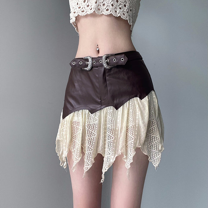 One Piece Leather Stitching Irregular Asymmetric Lace Skirt Street Tassel Sexy Skirt