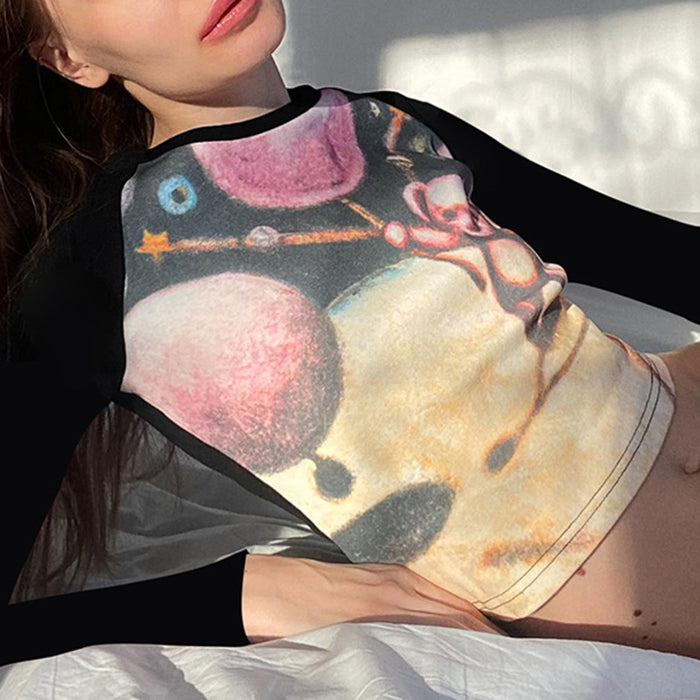 Cute Starry Bear Print Contrast Color Raglan T shirt Sexy Cute Slim Fit Basic Long Sleeve Top