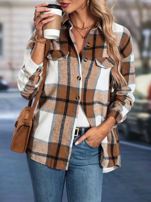 Coat Autumn Winter Plaid off Shoulder Coat Women Clothing Jacket