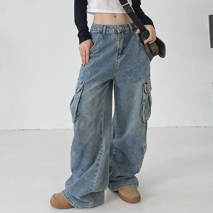 Tooling Street Casual Multi Pocket High Waist Jeans Washed Distressed Loose Straight Slim Fit Mop Pants Trousers