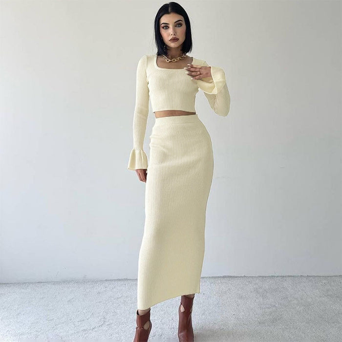 Women Clothing Autumn Sexy Cropped Sheath Slim Fit Long Sleeve Slightly Flared Skirt Set