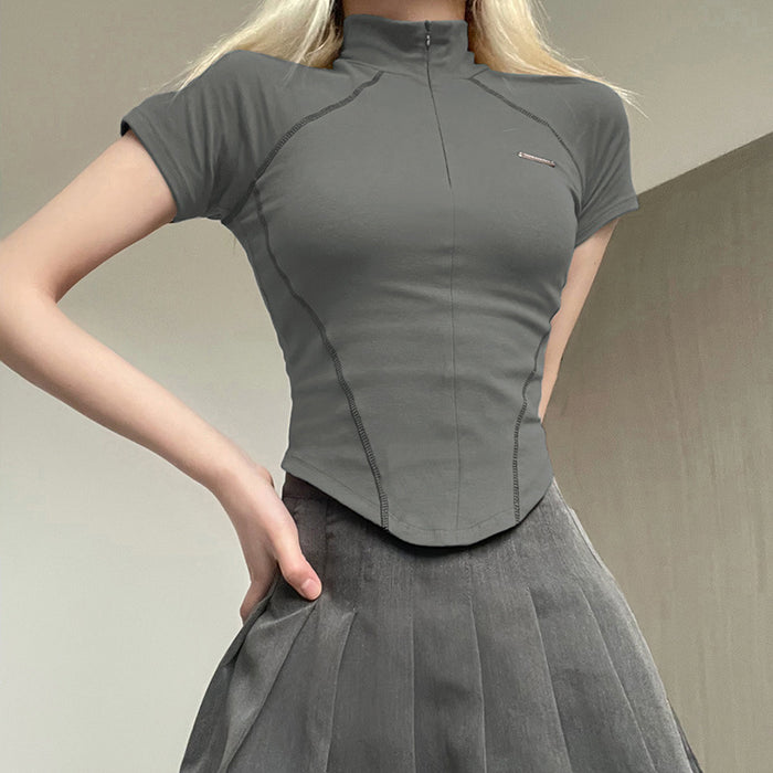 Mechanical Line Design Sexy Fitness Sports Waist Trimming Half Turtleneck Zipper Bottoming Long Sleeve