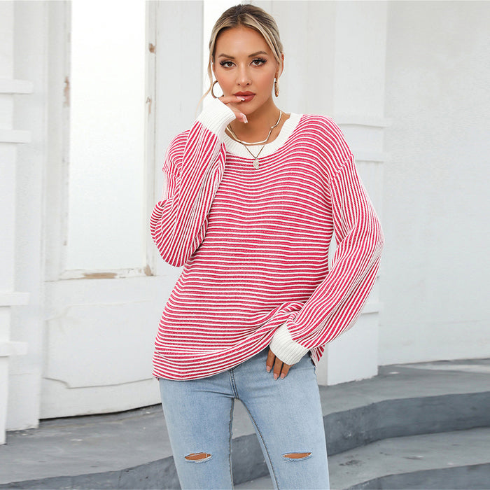 Autumn Winter Women Clothing Color Matching Crew Neck Pullover Sweater Striped Sweater Sweater