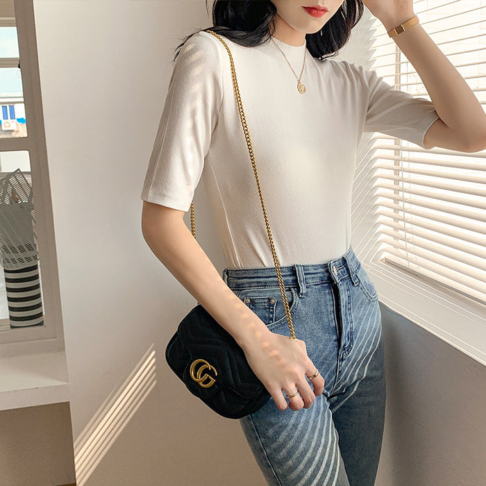 Thread High Elastic White T shirt Women Short Sleeve Summer Slim Fit round Neck Half Sleeve T shirt Stand Collar Top