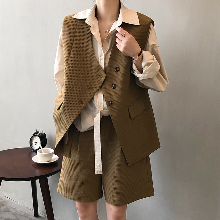 Waffle Set Women  Spring V neck Outerwear Vest Shorts Two Piece Set