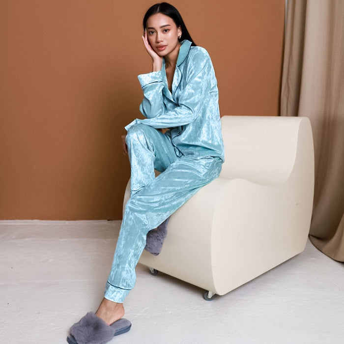 Autumn Winter Green Diamondmax Velvet Women Pajamas Warm Long Sleeves Polo Collar Solid Color Home Wear Two Piece Set