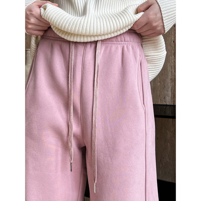 Sports Pink Drawstring Sweatpants for Women Autumn Winter Thermal Velvet Thickened Ankle Banded Pants