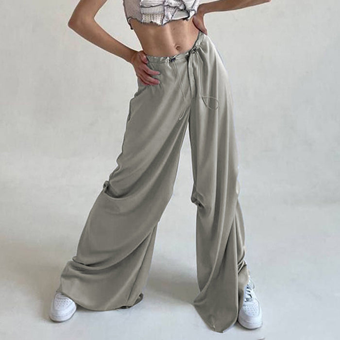 Solid Color Elegant Draping Mop Satin Low Waist Loose Casual Woven Pants