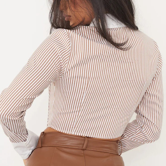 Sexy Slim Striped Stitching Long Sleeve Brand Shirt Women