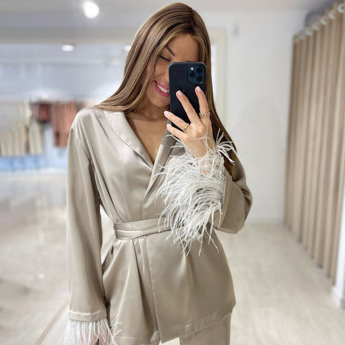 Women Clothing Casual Lazy Suit French Feather Long Sleeve Lace up Satin Two Piece Set