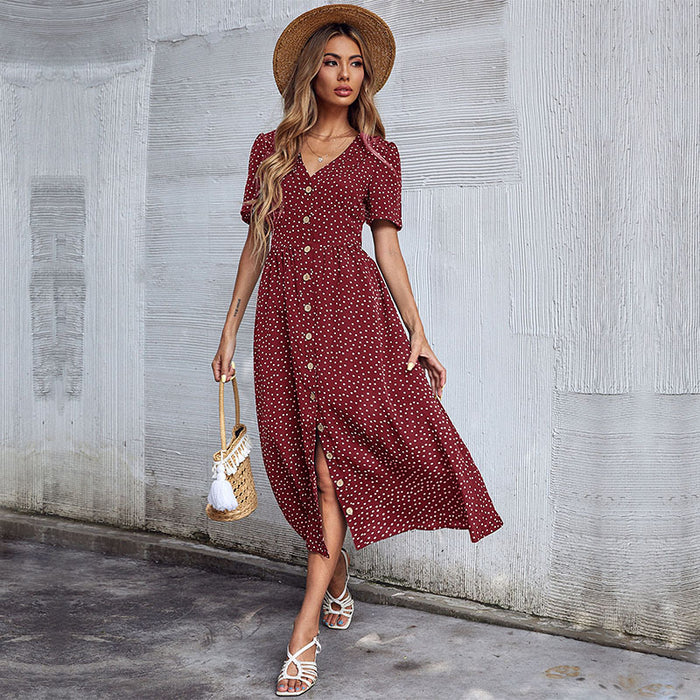 Summer Polka Dot V-neck Short Sleeve Shirt Dress