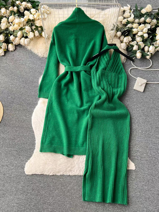 Autumn Winter Solid Color Elegant High Grade Cardigan Slim Fit Halter Dress Knitting Suit