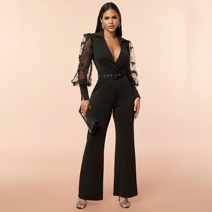 Spring Summer Sexy One Piece Trousers Deep V Plunge Stitching Mesh Slim Fit Jumpsuit