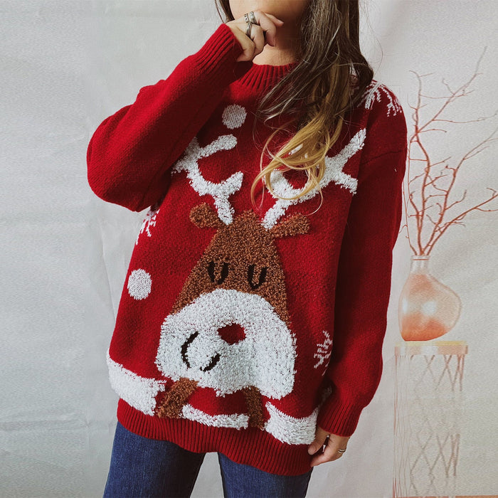 Autumn Winter Loose Elk Snowflake Flocking Jacquard round Neck Knitted Sweater Pullover