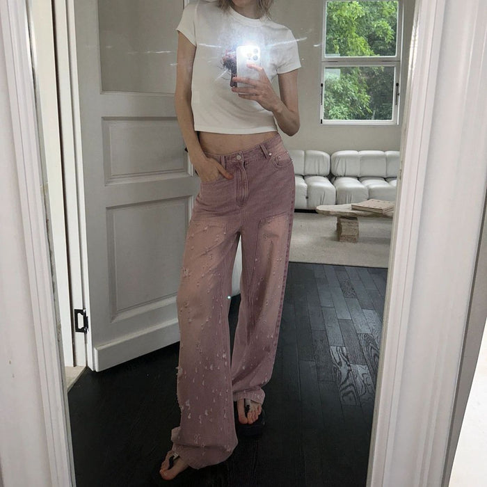 Pink Retro Tattered Jeans Jeans Women Design Straight Loose Slimming Wide Leg Draping Effect Trousers