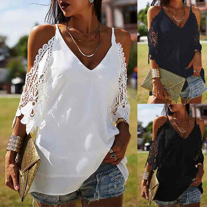 Spring Summer New  Women Clothing  V-neck Solid Color Sling Loose-Fitting Casual T-shirt Women Top