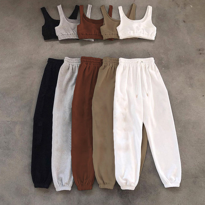 Women  Clothing Cropped Tank Top Ankle Tied Lace up Trousers Casual Two Piece Set Women