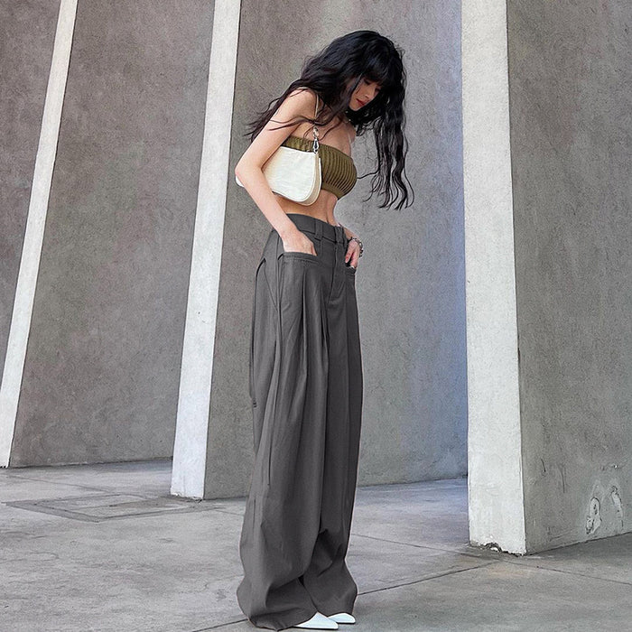 Distressed Gray Woven Straight Leg Pants Women  Sexy High Waist Loose Slim Fit Draping Ribbon Trousers