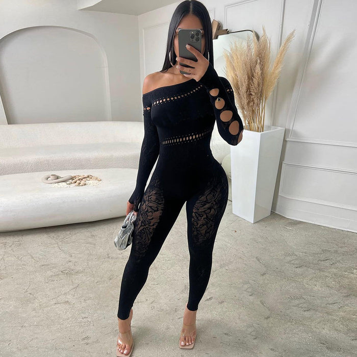 Sexy Sexy Hollow Out Cutout Seamless Knitted Jacquard Integrated High Elastic Jumpsuit Women