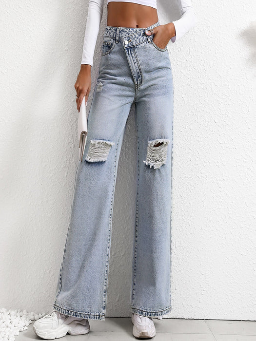 Women Loose Wide Leg Ripped Jeans