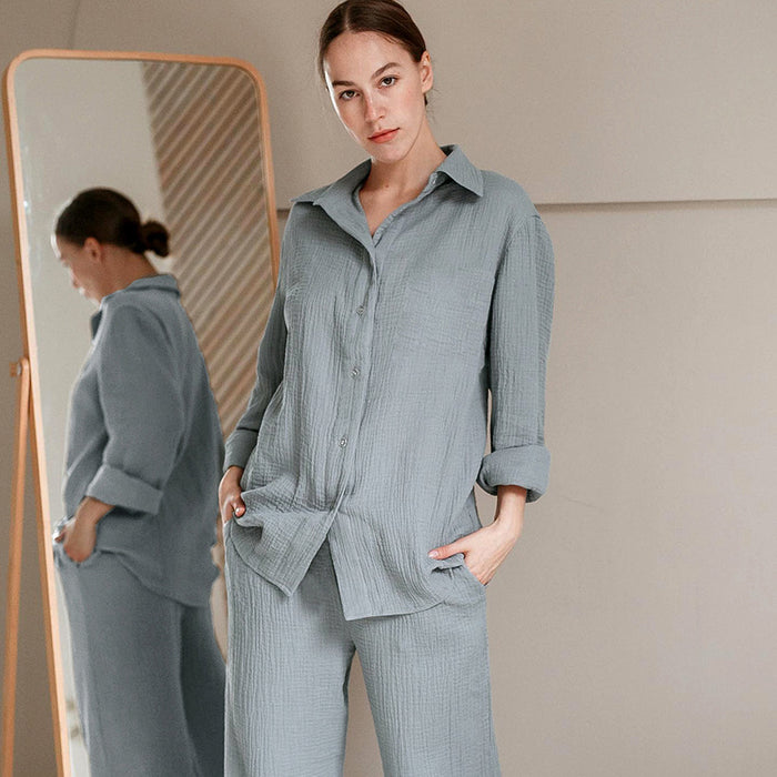 Autumn Double Layer Gauze Long Sleeved Pajamas Simple Shirt Loose Ladies Homewear Can Be Worn outside