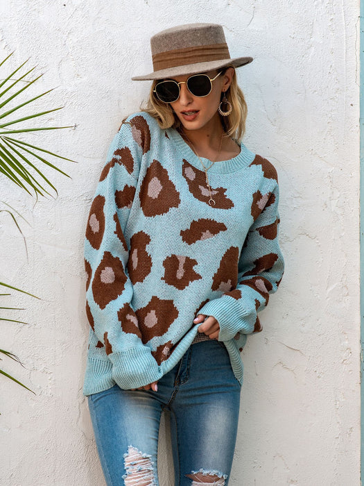 Leopard Print round Neck Sweater Autumn Winter Loose Pullover