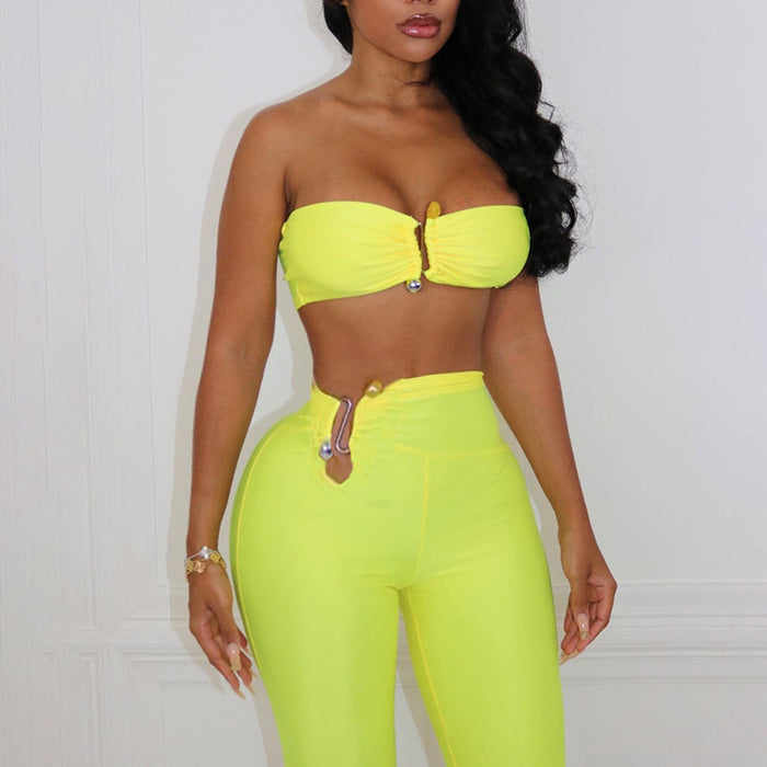 Summer Women Clothing Solid Color Cropped Tube Top Sexy High Waist Tight Hip Lifting Trousers Set for Women