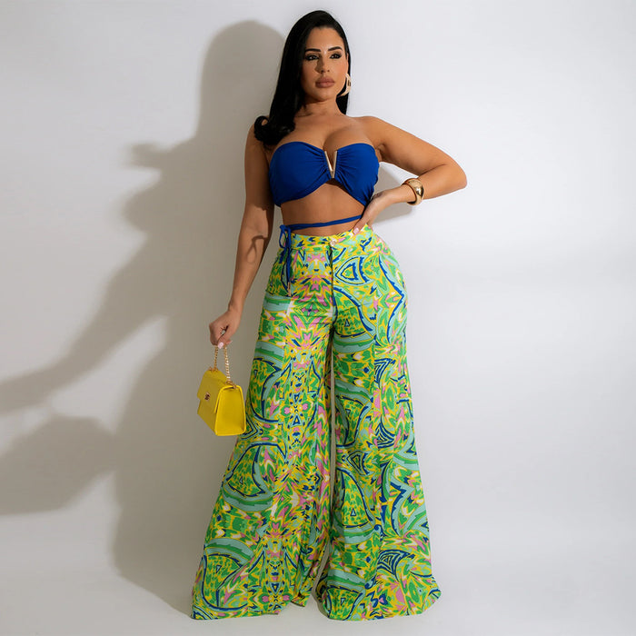 Casual Chest Wrapped Loose Wide Leg Pants Suit For Seaside Vacation