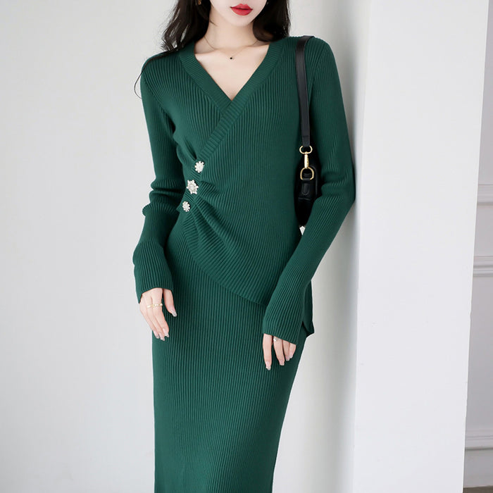 Spring Autumn French V Neck Retro Knitted Fitted Waist Dress Women Mid Length Socialite Slim Fit Base Sweater Dress