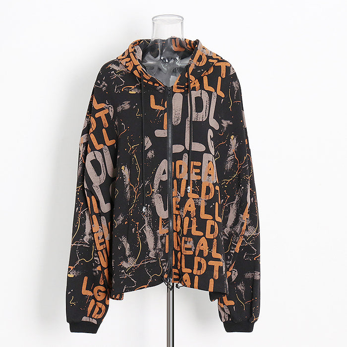 Trendy Autumn Unique Design Letter Graphic Print Loose Hooded Sweater Coat for Women