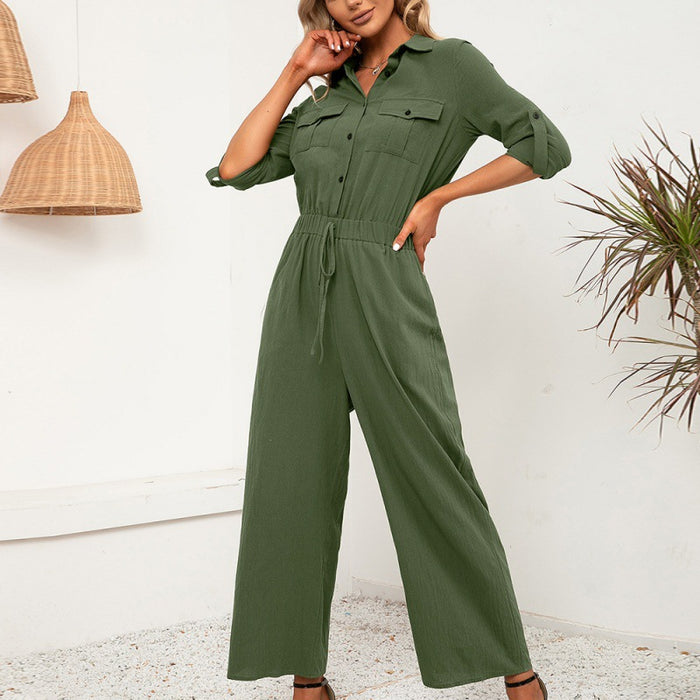 Single Breasted Long Sleeve Shirt Outfit Double Pocket Casual Loose Jumpsuit Women