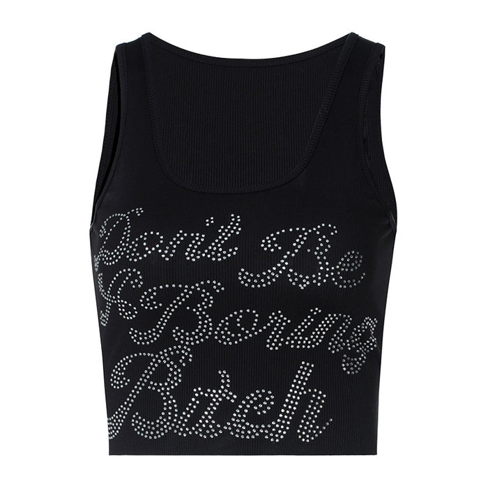 Summer Women Clothing Sleeveless Letter Graphic Rhinestone Vest Skinny Short Small Vest