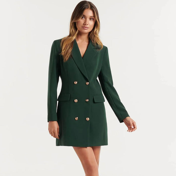 Slim Solid Color Casual Double Breasted Mid-Length Blazer Coat Dress