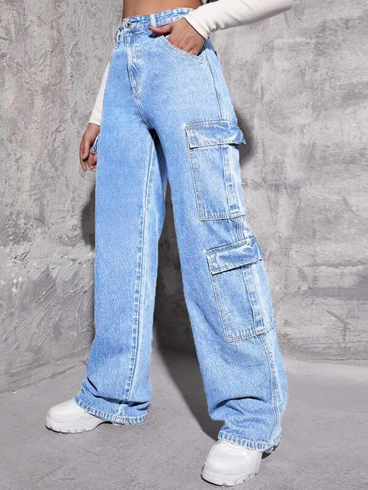 Multi Bag Jeans Women High Waist Straight Leg Pants Washed Loose Denim Trousers