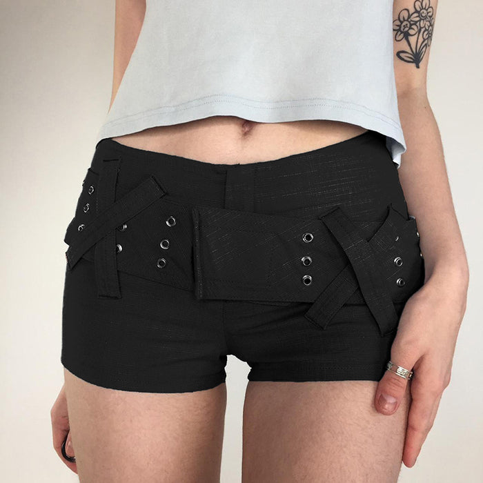 Design Sexy Low Waist Shorts Hook Loop Belt Stitching Solid Color Tight Stretch Jeans