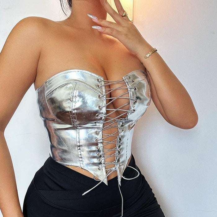 Metallic Coated Fabric Women Clothing Hipster Sexy Bandeau Sexy Top Waist Corset Slim Fit Tank Top