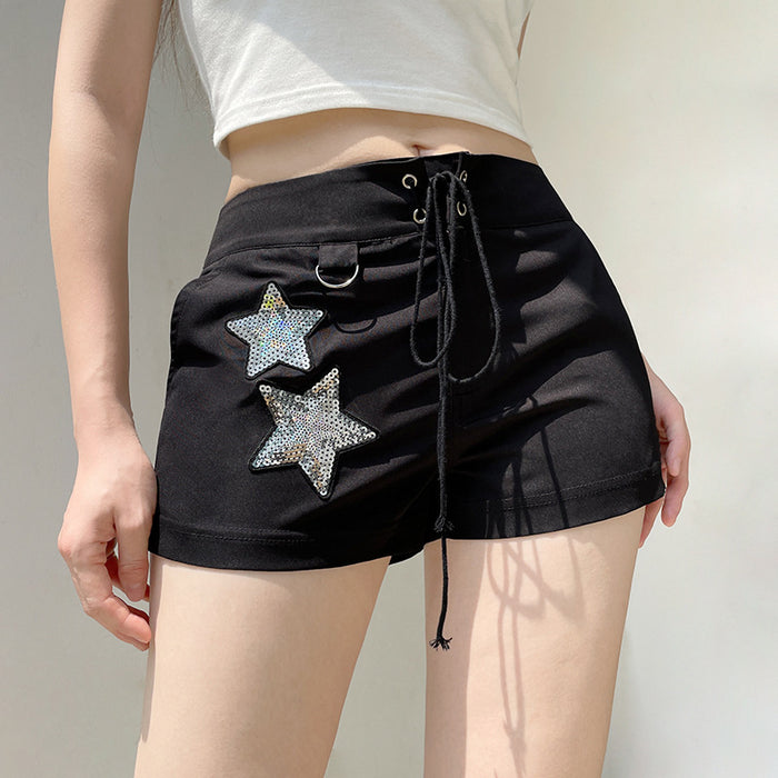 Street Hip Hop Five-Pointed Star Sequ Special Interest Design Elastic Lace High Waist Shorts Peach Hip Slim Pants