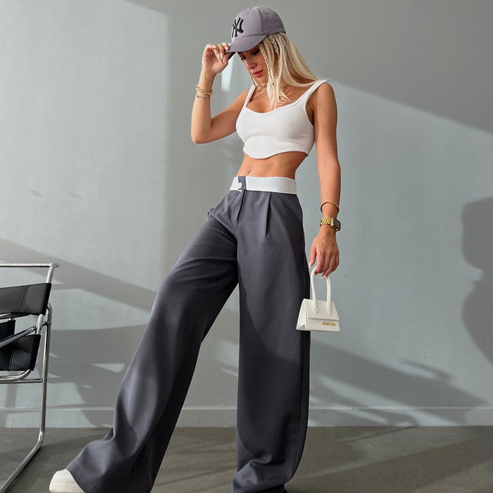 Gray Low Waist Trousers Simple Casual Wide Leg Work Pant Loose Summer Women Clothing