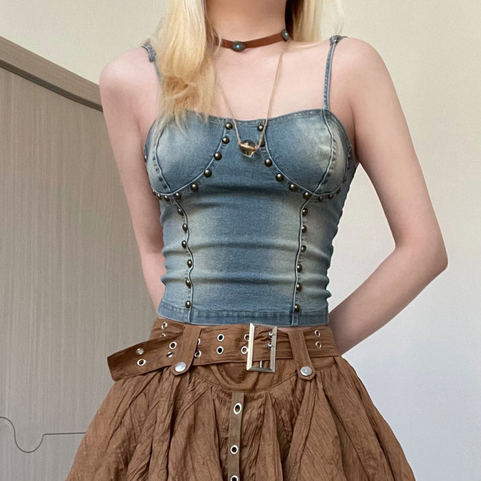 Rivet Denim Split Stitching Sexy Sling Backless Lace up Waist Slimming Old Vest Skirt Sets